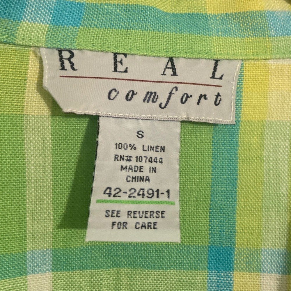 Oversized 100% Linen Plaid Button Down Shirt Small Coastal Green - Picture 3 of 3